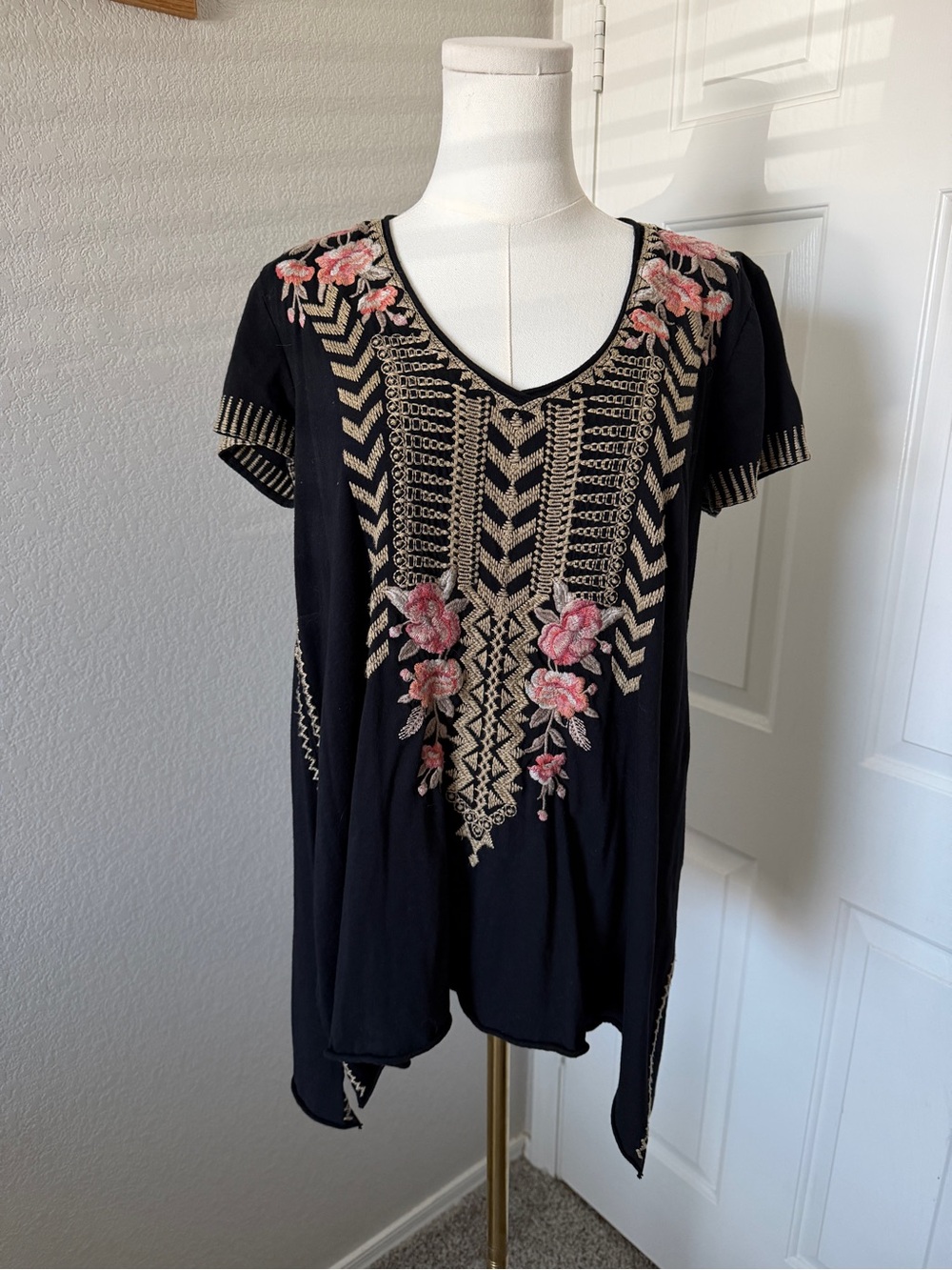 Johnny Was Black Embroidered V-Neck Tunic with Pink Floral Accents
